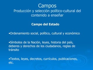 Campo del Estado Ordenamiento social, político, cultural y económico Símbolos de la Nación, leyes, historia del país, deberes y derechos de los ciudadanos, reglas de tránsito Textos, leyes, decretos, currículos, publicaciones, etc. Campos Producción y selección político-cultural del contenido a enseñar 