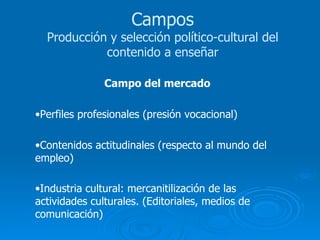 Campo del mercado Perfiles profesionales (presión vocacional) Contenidos actitudinales (respecto al mundo del empleo) Industria cultural: mercanitilización de las actividades culturales. (Editoriales, medios de comunicación)   Campos Producción y selección político-cultural del contenido a enseñar 