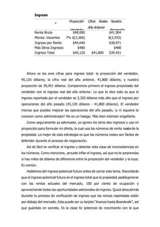 Ahora ve las eres cifras para ingreso total: la proyección del vendedor,
45,120 dólares; la cifra real del año anterior, 41,800 dólares; y nuestra
proyección de 39,451 dólares. Comparemos primero el ingreso proyectado del
vendedor con el ingreso real del año anterior. Lo que te dice esto es que el
ingreso reportado por el vendedor es 3,320 dólares más alto que el ingreso por
operaciones del año pasado (45,120 dólares - 41,800 dólares). El vendedor
insinúa que puedes mejorar las operaciones del año pasado, ¡y ni siquiera te
conocen como administrador! No es un halago. Más bien intentan engañarte.
Como seguramente ya adivinaste, yo ignoro los otros dos ingresos y uso mi
proyección para formular mi oferta, la cual usa los números de renta reales de la
propiedad. Lo mejor de esta estrategia es que los números reales son fáciles de
defender durante el proceso de negociación.
Así de fácil es verificar el ingreso y detectar esta clase de inconsistencias en
los números. Como mencione, se suele inflar el ingreso, así que no te sorprendas
si hay miles de dólares de diferencia entre la proyección del vendedor y la tuya.
Es común.
Hablemos del ingreso potencial futuro antes de cerrar este tema. Recordarás
que el ingreso potencial futuro es el ingreso total que la propiedad podría generar
con las rentas actuales del mercado, 100 por ciento de ocupación y
aprovechando todas las oportunidades adicionales de ingreso. Quizá descubrirás
durante tu proceso de verificación de ingreso que las rencas reportadas están
por debajo del mercado. Esta puede ser cu tarjeta “Avanza hasta Boardwalk”, así
que guárdalo en secreto. Es la clase tic potencial de crecimiento con la que
Ingreso
*
Proyección
Vendedor
Cifras Reales
Año Anterior
Nuestra
Proyección
Renta Bruta
Esperada
$48,000 $41,904
Menos: Vacantes 7% $(3,360) $(2,933)
Ingreso por Renta
Neto
$44,640 $38,971
Más Otros Ingresos $480 $480
Ingreso Total $45,120 $41,800 S39.451
 