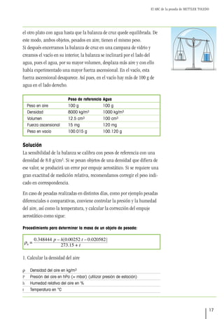 El ABC de la pesada de METTLER TOLEDO
17
el otro plato con agua hasta que la balanza de cruz quede equilibrada. De
este modo, ambos objetos, pesados en aire, tienen el mismo peso.
Si después encerramos la balanza de cruz en una campana de vidrio y
creamos el vacío en su interior, la balanza se inclinará por el lado del
agua, pues el agua, por su mayor volumen, desplaza más aire y con ello
había experimentado una mayor fuerza ascensional. En el vacío, esta
fuerza ascensional desaparece. Así pues, en el vacío hay más de 100 g de
agua en el lado derecho.
		 Peso de referencia Agua
Peso en aire 100 g 100 g
Densidad 8000 kg/m3 1000 kg/m3
Volumen 12.5 cm3 100 cm3
Fuerza ascensional 15 mg 120 mg
Peso en vacío 100.015 g 100.120 g
Solución
La sensibilidad de la balanza se calibra con pesos de referencia con una
densidad de 8.0 g/cm3. Si se pesan objetos de una densidad que difiera de
ese valor, se producirá un error por empuje aerostático. Si se requiere una
gran exactitud de medición relativa, recomendamos corregir el peso indi-
cado en correspondencia.
En caso de pesadas realizadas en distintos días, como por ejemplo pesadas
diferenciales o comparativas, conviene controlar la presión y la humedad
del aire, así como la temperatura, y calcular la corrección del empuje
aerostático como sigue:
Procedimiento para determinar la masa de un objeto de pesada:
1. Calcular la densidad del aire
ρ Densidad del aire en kg/m3
P Presión del aire en hPa (= mbar) (utilizar presión de estación)
h Humedad relativa del aire en %
t Temperatura en °C
 