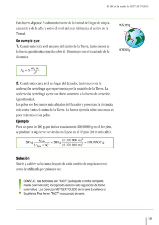 El ABC de la pesada de METTLER TOLEDO
19
Esta fuerza depende fundamentalmente de la latitud del lugar de empla-
zamiento y de la altura sobre el nivel del mar (distancia al centro de la
Tierra).
Se cumple que:
1. Cuanto más lejos está un peso del centro de la Tierra, tanto menor es
la fuerza gravitatoria ejercida sobre él. Disminuye con el cuadrado de la
distancia.
2. Cuanto más cerca está un lugar del Ecuador, tanto mayor es la
aceleración centrífuga que experimenta por la rotación de la Tierra. La
aceleración centrífuga ejerce un efecto contrario a la fuerza de atracción
(gravitatoria).
Los polos son los puntos más alejados del Ecuador y presentan la distancia
más corta hasta el centro de la Tierra. La fuerza ejercida sobre una masa es
pues máxima en los polos.
Ejemplo
Para un peso de 200 g que indica exactamente 200.00000 g en el 1er piso,
se produce la siguiente variación en el peso en el 4º piso (10 m más alto).
Solución
Nivele y calibre su balanza después de cada cambio de emplazamiento
antes de utilizarla por primera vez.
9.78 N/kg
9.82 N/kg
CONSEJO: Las balanzas con “FACT” (autoajuste a motor completa-
mente automatizado) incorporado realizan esta regulación de forma
automática. Las balanzas METTLER TOLEDO de la serie Excellence y
Excellence Plus tienen “FACT” incorporado de serie.
!
 