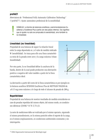 El ABC de la pesada de METTLER TOLEDO
23
proFACT
Abreviatura de “Professional Fully Automatic Calibration Technology”
(“proFACT”). Ajuste automático profesional de la sensibilidad.
Linealidad (no linealidad)
Propiedad de una balanza de seguir la relación lineal
entre la carga depositada m y el valor de medida indicado
W (sensibilidad). Se traza para ello una línea característi-
ca recta de la pesada entre cero y la carga máxima (véase:
Sensibilidad).
Por otra parte, la no linealidad define la anchura de la
banda, dentro de la cual puede producirse una desviación
positiva o negativa del valor medido a partir de la línea
característica ideal.
La desviación a partir del curso de la línea característica es por ejemplo en
la balanza analítica XP205DR Excellence Plus de METTLER TOLEDO de
±0.15 mg como máximo a lo largo de todo el alcance de pesada de 200 g.
Repetibilidad
Propiedad de una balanza de mostrar resultados de medida coincidentes en
caso de pesadas repetidas del mismo objeto, del mismo modo, en condicio-
nes idénticas ([OIML1) R 76 1] T.4.3).
La serie de mediciones debe ser realizada por el mismo operario, siguiendo
el mismo procedimiento, en la misma posición sobre el soporte de la carga,
en el mismo emplazamiento, en condiciones ambientales constantes y sin
interrupción.
1) OIML Organización Internacional de Metrología Legal
CONSEJO: La familia de balanzas analíticas y semimicrobalanzas Ex-
cellence y Excellence Plus cuenta con dos pesos internos. Eso significa
que al ajustar no solo se comprueba la sensibilidad, sino también la
no linealidad.
!
 