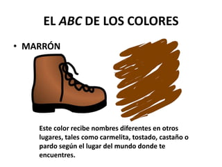 EL ABC DE LOS COLORES
• MARRÓN
Este color recibe nombres diferentes en otros
lugares, tales como carmelita, tostado, castaño o
pardo según el lugar del mundo donde te
encuentres.
 