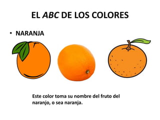 EL ABC DE LOS COLORES
• NARANJA
Este color toma su nombre del fruto del
naranjo, o sea naranja.
 