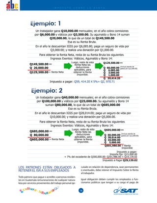14
el
I M P U E S T O S O B R E L A R E N T A
LOS PATRONES ESTÁN OBLIGADOS A
RETENER EL ISR A SUS EMPLEADOS
Todo patrono que pague o acredite a personas residen-
tes en Guatemala remuneraciones de cualquier natura-
leza por servicios provenientes del trabajo personal eje-
cutado en relación de dependencia, sean permanentes
o eventuales, debe retener el Impuesto Sobre la Renta
al trabajador.
Igual obligación deben cumplir los empleados o fun-
cionarios públicos que tengan a su cargo el pago de
 