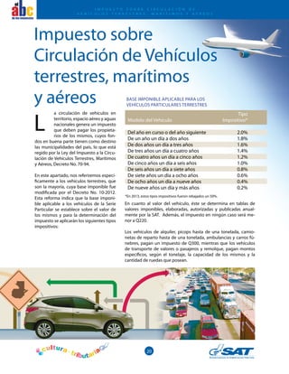 20
el
a circulación de vehículos en
territorio, espacio aéreo y aguas
nacionales genera un impuesto
que deben pagar los propieta-
rios de los mismos, cuyos fon-
dos en buena parte tienen como destino
las municipalidades del país, lo que está
regido por la Ley del Impuesto a la Circu-
lación de Vehículos Terrestres, Marítimos
y Aéreos, Decreto No. 70-94.
En este apartado, nos referiremos especí-
ficamente a los vehículos terrestres, que
son la mayoría, cuya base imponible fue
modificada por el Decreto No. 10-2012.
Esta reforma indica que la base imponi-
ble aplicable a los vehículos de la Serie
Particular se establece sobre el valor de
los mismos y para la determinación del
impuesto se aplicarán los siguientes tipos
impositivos:
En cuanto al valor del vehículo, éste se determina en tablas de
valores imponibles, elaboradas, autorizadas y publicadas anual-
mente por la SAT. Además, el impuesto en ningún caso será me-
nor a Q220.
Los vehículos de alquiler, picops hasta de una tonelada, camio-
netas de reparto hasta de una tonelada, ambulancias y carros fú-
nebres, pagan un impuesto de Q300, mientras que los vehículos
de transporte de valores o pasajeros y remolque, pagan montos
específicos, según el tonelaje, la capacidad de los mismos y la
cantidad de ruedas que posean.
L
	Tipo
Modelo del Vehículo	 Impositivo*
Del año en curso o del año siguiente	 2.0%
De un año un día a dos años	 1.8%
De dos años un día a tres años	 1.6%
De tres años un día a cuatro años	 1.4%
De cuatro años un día a cinco años	 1.2%
De cinco años un día a seis años	 1.0%
De seis años un día a siete años	 0.8%
De siete años un día a ocho años	 0.6%
De ocho años un día a nueve años	 0.4%
De nueve años un día y más años	 0.2%
BASE IMPONIBLE APLICABLE PARA LOS
VEHÍCULOS PARTICULARES TERRESTRES
I mpuesto sobre C irculación de
V ehículos T errestres , M arítimos y A éreos
*En 2013, estos tipos impositivos fueron rebajados un 50%.
Impuesto sobre
Circulación de Vehículos
terrestres, marítimos
y aéreos
 