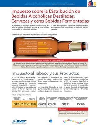 23
el
Impuesto sobre la Distribución de
Bebidas Alcohólicas Destiladas,
Cervezas y otras Bebidas Fermentadas
Impuesto al Tabaco y sus Productos
Se establece un impuesto sobre la distribución de be-
bidas alcohólicas destiladas, cervezas y otras bebidas
fermentadas, en el territorio nacional.
La base del impuesto la constituye el precio de venta
al consumidor final, sugerido por el fabricante o el im-
portador.
Las bebidas que pagan este impuesto y sus tarifas son las siguientes:
Cervezas y otras bebidas de
cereales fermentados
Vinos, vinos espumosos, vinos
vermouth y sidras
Bebidas alcohólicas destiladas
Bebidas alcohólicas mezcladas
El resto de bebidas fermentadas
6%
7.5%
8.5%
7.5%
7.5%
La Ley de Tabacos y sus produc-
tos (Decreto 61-77) rige todo lo re-
lacionado con la siembra, cultivo,
tránsito, manufactura, comercio,
consumo, importación y exporta-
ción del tabaco y sus productos,
además de fijar un impuesto para
los cigarrillos fabricados a máqui-
na, nacionales o importados, así
como a los puros y mixturas. Lo
deben pagar los fabricantes y los
importadores.
Los cigarrillos fabricados a má-
quina, producidos en el país o im-
portados, pagan un impuesto no
menor al 75 por ciento del precio
sugerido al público, deduciendo
el IVA y el impuesto específico de
dicha ley. No se considera precio
de venta sugerido al consumidor,
el precio facturado al distribuidor
o intermediario por el fabricante o
importador.
Cálculo del Impuesto al Tabaco
De acuerdo con el Decreto 21-2004 de los recursos recaudados por la aplicación del impuesto, se destina un mínimo de
15 por ciento para programas de salud sexual y reproductiva, planificación familiar y alcoholismo del Ministerio de Salud
Pública. Dichos recursos no pueden asignarse a otro fin ni a transferencia presupuestaria alguna.
El monto del impuesto recaudado se destina a
financiar el presupuesto del sector salud.
¿Cómo se invierte este impuesto?
Destino
Impuesto sobre la Distribución de Bebidas Alcohólicas Destiladas,
Cervezas y otras Bebidas Fermentadas/ LEY DE TABACOS Y SUS PRODUCTOS
 