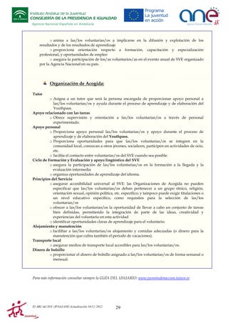 Instituto Andaluz de la Juventud
CONSEJERÍA DE LA PRESIDENCIA E IGUALDAD
Agencia Nacional Española en Andalucía

o anima a las/los voluntarias/os a implicarse en la difusión y explotación de los
resultados y de los resultados de aprendizaje
o proporciona orientación respecto a formación, capacitación y especialización
profesional, y oportunidades de empleo
o asegura la participación de los/as voluntarios/as en el evento anual de SVE organizado
por la Agencia Nacional en su país.

Organización de Acogida:
Tutor
o Asigna a un tutor que será la persona encargada de proporcionar apoyo personal a
las/los voluntarias/os y ayuda durante el proceso de aprendizaje y de elaboración del
Youthpass.
Apoyo relacionado con las tareas
o Ofrece supervisión y orientación a las/los voluntarias/os a través de personal
experimentado.
Apoyo personal
o Proporciona apoyo personal las/los voluntarias/os y apoyo durante el proceso de
aprendizaje y de elaboración del Youthpass.
o Proporciona oportunidades para que las/los voluntarias/os se integren en la
comunidad local, conozcan a otros jóvenes, socialicen, participen en actividades de ocio,
etc.
o facilita el contacto entre voluntarias/os del SVE cuando sea posible.
Ciclo de Formación y Evaluación y apoyo lingüístico del SVE
o asegura la participación de las/los voluntarias/os en la formación a la llegada y la
evaluación intermedia
o organiza oportunidades de aprendizaje del idioma.
Principios del Servicio
o asegurar accesibilidad universal al SVE: las Organizaciones de Acogida no pueden
especificar que las/los voluntarias/os deban pertenecer a un grupo étnico, religión,
orientación sexual, opinión política, etc. específico; y tampoco puede exigir titulaciones o
un nivel educativo específico, como requisitos para la selección de las/los
voluntarias/os
o ofrecer a las/los voluntarias/os la oportunidad de llevar a cabo un conjunto de tareas
bien definidas, permitiendo la integración de parte de las ideas, creatividad y
experiencias del voluntario en esta actividad
o identificar oportunidades claras de aprendizaje para el voluntario.
Alojamiento y manutención
o facililtar a las/los voluntarias/os alojamiento y comidas adecuadas (o dinero para la
manutención que cubra también el periodo de vacaciones).
Transporte local
o asegurar medios de transporte local accesibles para las/los voluntarias/os.
Dinero de bolsillo
o proporcionar el dinero de bolsillo asignado a las/los voluntarias/os de forma semanal o
mensual.

Para más información consultar siempre la GUÍA DEL USUARIO: www.juventudenaccion.injuve.es

El ABC del SVE /JP/IAJ/ANE-Actualización 10/12 /2012

29

 