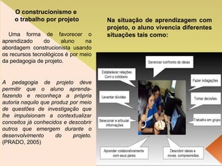 O construcionismo e  o trabalho por projeto Uma forma de favorecer o aprendizado do aluno na abordagem construcionista usando os recursos tecnológicos é por meio da pedagogia de projeto. A pedagogia de projeto deve permitir que o aluno aprenda-fazendo e reconheça a própria autoria naquilo que produz por meio de questões de investigação que lhe impulsionam a contextualizar conceitos já conhecidos e descobrir outros que emergem durante o desenvolvimento do projeto. (PRADO, 2005) ‏ Na situação de aprendizagem com projeto, o aluno vivencia diferentes situações tais como:  