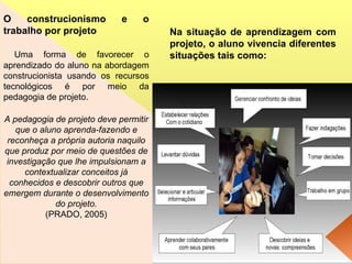 O construcionismo e o trabalho por projeto Uma forma de favorecer o aprendizado do aluno na abordagem construcionista usando os recursos tecnológicos é por meio da pedagogia de projeto. A pedagogia de projeto deve permitir que o aluno aprenda-fazendo e reconheça a própria autoria naquilo que produz por meio de questões de investigação que lhe impulsionam a contextualizar conceitos já conhecidos e descobrir outros que emergem durante o desenvolvimento do projeto. (PRADO, 2005) Na situação de aprendizagem com projeto, o aluno vivencia diferentes situações tais como:  