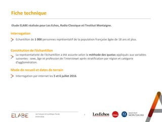 Interrogation
Fiche technique
2
Constitution de l’échantillon
Mode de recueil et dates de terrain
La représentativité de l’échantillon a été assurée selon la méthode des quotas appliqués aux variables
suivantes : sexe, âge et profession de l’interviewé après stratification par région et catégorie
d’agglomération.
Echantillon de 1 000 personnes représentatif de la population française âgée de 18 ans et plus.
Interrogation par Internet les 5 et 6 juillet 2016.
07/07/2016
Les Français et la politique fiscale
Etude ELABE réalisée pour Les Echos, Radio Classique et l’Institut Montaigne.
 