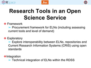 Research Tools in an Open
Science Service
❖ Framework
➢ Procurement framework for ELNs (including assessing
current tools ...