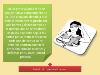 Lo justo y lo injusto en el proceso.
En un proceso judicial no se
puede hablar estrictamente de
lo justo e injusto, debido a que
este se encuentra regulado por
una norma y dependiendo de
la materia donde se establece
los pasos que debe seguir las
partes por lo tanto al acogerse
cada uno de ellos a su rol
tendrán oportunidad en el
procedimiento de acciones y
defensas en su oportunidad
procesal.
 