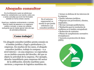 Es el profesional a quien se solicita que
dictamine, verbalmente o por escrito, sobre una
o varias consultas que se le han formulado
también en forma verbal o escrita.
Aquel que, mediante nombramiento o contrato,
tiene la misión de asesorar a un organismo
público o privado, a veces con carácter
excluyente que le impide ejercer todo otro tipo
de actividad profesional.
En el universo
empresarial, es
mucho lo que puede
solicitarse a un
consultor jurídico:
Actuar en defensa de los intereses de
la empresa
Emitir informes jurídicos,
Negociar con proveedores, clientes,
empleados…
Revisar mensajes publicitarios.
Mediación para la resolución de
conflictos en el ámbito extrajudicial.
Redacción de contratos
Planes de cumplimiento normativo
(Compliance)
Asesoría en protección de datos
(DPO)
Como trabaja?
Un abogado consultor jurídico presta consejo en
el ámbito jurídico y legal a particulares y/o
empresas. En muchos de los casos, el abogado
consultor jurídico, trabaja in company —o a
nivel interno— en una empresa y se especializa
en un ámbito concreto del derecho, del que es
objeto la actividad de la empresa. Por ejemplo,
derecho inmobiliario para empresas del sector
de la edificación; derecho marítimo para
navieras y empresas de logística marítima etc.
 