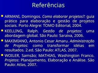 Referências
Referências
 ARMANI, Domingos.
ARMANI, Domingos. Como elaborar projetos?:
Como elaborar projetos?: guia
guia
prático para elaboração e gestão de projetos
prático para elaboração e gestão de projetos
sociais. Porto Alegre: TOMO Editorial, 2004.
sociais. Porto Alegre: TOMO Editorial, 2004.
 KEELLING, Ralph.
KEELLING, Ralph. Gestão de projetos
Gestão de projetos: uma
: uma
abordagem global. São Paulo: Saraiva, 2006.
abordagem global. São Paulo: Saraiva, 2006.
 MAXIMIANO, Antonio Cesar Amaru.
MAXIMIANO, Antonio Cesar Amaru. Administração
Administração
de Projetos
de Projetos: como transformar idéias em
: como transformar idéias em
resultados. 2.ed. São Paulo: ATLAS, 2007.
resultados. 2.ed. São Paulo: ATLAS, 2007.
 WOILER, Samsão; MATHIAS, Washington Franco.
WOILER, Samsão; MATHIAS, Washington Franco.
Projetos
Projetos: Planejamento, Elaboração e Análise. São
: Planejamento, Elaboração e Análise. São
Paulo: Atlas, 2007.
Paulo: Atlas, 2007.
 