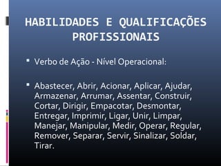 HABILIDADES E QUALIFICAÇÕES
PROFISSIONAIS
 Verbo de Ação - Nível Operacional:
 Abastecer, Abrir, Acionar, Aplicar, Ajudar,
Armazenar, Arrumar, Assentar, Construir,
Cortar, Dirigir, Empacotar, Desmontar,
Entregar, Imprimir, Ligar, Unir, Limpar,
Manejar, Manipular, Medir, Operar, Regular,
Remover, Separar, Servir, Sinalizar, Soldar,
Tirar.
 