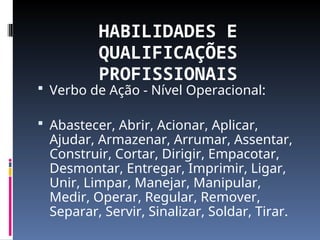 HABILIDADES E
QUALIFICAÇÕES
PROFISSIONAIS
 Verbo de Ação - Nível Operacional:
 Abastecer, Abrir, Acionar, Aplicar,
Ajudar, Armazenar, Arrumar, Assentar,
Construir, Cortar, Dirigir, Empacotar,
Desmontar, Entregar, Imprimir, Ligar,
Unir, Limpar, Manejar, Manipular,
Medir, Operar, Regular, Remover,
Separar, Servir, Sinalizar, Soldar, Tirar.
 