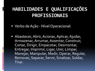 HABILIDADES E QUALIFICAÇÕES
PROFISSIONAIS
 Verbo de Ação - Nível Operacional:
 Abastecer,Abrir,Acionar, Aplicar,Ajudar,
Armazenar, Arrumar,Assentar, Construir,
Cortar, Dirigir, Empacotar, Desmontar,
Entregar, Imprimir, Ligar, Unir, Limpar,
Manejar, Manipular, Medir, Operar, Regular,
Remover, Separar, Servir, Sinalizar, Soldar,
Tirar.
 