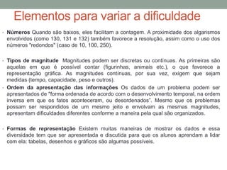 Elementos para variar a dificuldade
• Números Quando são baixos, eles facilitam a contagem. A proximidade dos algarismos
envolvidos (como 130, 131 e 132) também favorece a resolução, assim como o uso dos
números "redondos" (caso de 10, 100, 250).
• Tipos de magnitude Magnitudes podem ser discretas ou contínuas. As primeiras são
aquelas em que é possível contar (figurinhas, animais etc.), o que favorece a
representação gráfica. As magnitudes contínuas, por sua vez, exigem que sejam
medidas (tempo, capacidade, peso e outros).  
• Ordem da apresentação das informações Os dados de um problema podem ser
apresentados de "forma ordenada de acordo com o desenvolvimento temporal, na ordem
inversa em que os fatos aconteceram, ou desordenados”. Mesmo que os problemas
possam ser respondidos de um mesmo jeito e envolvam as mesmas magnitudes,
apresentam dificuldades diferentes conforme a maneira pela qual são organizados.
• Formas de representação Existem muitas maneiras de mostrar os dados e essa
diversidade tem que ser apresentada e discutida para que os alunos aprendam a lidar
com ela: tabelas, desenhos e gráficos são algumas possíveis.
 