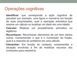 Operações cognitivas
• Identificar: que corresponde a ação cognitiva de
perceber por exemplo, uma figura e nomeá-la em função
de suas propriedades, qual a operação aritmética que
resolve um cálculo ou localizar um dado em uma tabela.
• Calcular: Realizar um procedimento aritmético ou
algébrico
• Reconhecer: Reconhecer elementos de um item dentre
outros. Compreender o que é o numerador da fração,
qual é a resposta do problema em uma cálculo.
• Interpretar: Em função do contexto, compreender a
situação envolvida a fim de mobilizar recursos dos
conteúdos para resolvê-la.
 