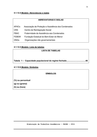 Elaboração de Trabalhos Acadêmicos – FACED - 2011 
30 
4.1.12.4 Modelo: Abreviaturas e siglas 
ABREVIATURAS E SIGLAS 
APACs Associação de Proteção e Assistência dos Condenados 
CRS Centro de Reintegração Social 
FBAC Fraternidade de Assistência aos Condenados 
FEBEM Fundação Estadual do Bem-Estar do Menor 
ONGs Organizações não governamentais 
4.1.12.5 Modelo: Lista de tabelas 
LISTA DE TABELAS 
Tabela 1 – Capacidade populacional do regime fechado...................................46 
4.1.12.6 Modelo: Símbolos 
SÍMBOLOS 
(%) ou percentual 
(g) ou (grama) 
(h) ou (hora) 
 