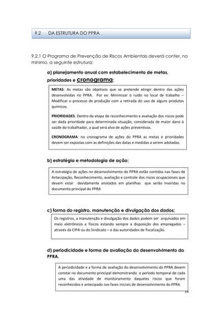 14
9.2.1 O Programa de Prevenção de Riscos Ambientais deverá conter, no
mínimo, a seguinte estrutura:
a) planejamento anual com estabelecimento de metas,
prioridades e cronograma;
b) estratégia e metodologia de ação;
c) forma do registro, manutenção e divulgação dos dados;
d) periodicidade e forma de avaliação do desenvolvimento do
PPRA.
9.2 DA ESTRUTURA DO PPRA
METAS: As metas são objetivos que se pretende atingir dentro das ações
desenvolvidas no PPRA. Por ex: Minimizar o ruído no local de trabalho –
Modificar o processo de produção com a retirada do uso de alguns produtos
químicos.
PRIORIDADES: Dentro da etapa de reconhecimento e avaliação dos riscos pode
ser dada prioridade para determinada situação, considerada de maior dano à
saúde do trabalhador, a qual será alvo de ações preventivas.
CRONOGRAMA: no cronograma de ações do PPRA as metas e prioridades
devem ser expostas com as definições das datas e medidas a serem adotadas.
A estratégia de ações no desenvolvimento do PPRA estão contidas nas fases de
Antecipação, Reconhecimento, avaliação e controle dos riscos ocupacionais que
devem estar devidamente anotados em planilhas que serão inseridas no
documento principal do PPRA
Os registros, a manutenção e divulgação dos dados podem ser arquivados em
meio eletrônicos e físicos estando sempre a disposição dos empregados –
através da CIPA ou do Sindicato – e das autoridades de fiscalização.
A periodicidade e a forma de avaliação do desenvolvimento do PPRA devem
constar no documento principal demonstrando o período temporal de cada
uma das atividade de monitoramento daqueles riscos que foram
reconhecidos e antecipado nas fases iniciais de desenvolvimento do PPRA
 