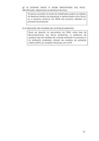 21
g) os possíveis danos à saúde relacionados aos riscos
identificados, disponíveis na literatura técnica;
h) a descrição das medidas de controle já existentes.
Os danos causados na saúde do trabalhador podem ser obtidas
na literatura médica da exposição a determinados riscos físicos
ou a produtos químicos nas FISPQ dos produtos utilizados no
processo de produção
Deve ser descrito no documento do PPRA, nesta fase de
Reconhecimento dos Riscos Ambientais, a existência de
qualquer tipo de medidas de controle existentes no processo e
no ambiente analisados, através de medidas de proteção
coletiva (EPC) ou medidas individuais com os EPI.
 
