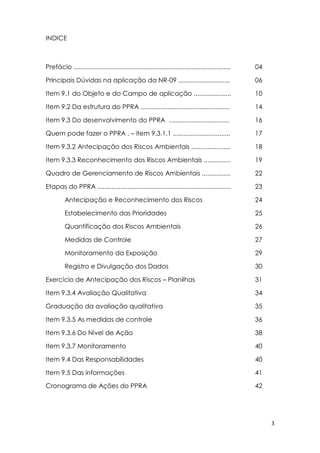 3
INDICE
Prefácio ........................................................................................ 04
Principais Dúvidas na aplicação da NR-09 ............................. 06
Item 9.1 do Objeto e do Campo de aplicação ..................... 10
Item 9.2 Da estrutura do PPRA .................................................. 14
Item 9.3 Do desenvolvimento do PPRA .................................. 16
Quem pode fazer o PPRA . – item 9.3.1.1 ................................ 17
Item 9.3.2 Antecipação dos Riscos Ambientais ...................... 18
Item 9.3.3 Reconhecimento dos Riscos Ambientais ............... 19
Quadro de Gerenciamento de Riscos Ambientais ................ 22
Etapas do PPRA ........................................................................... 23
Antecipação e Reconhecimento dos Riscos 24
Estabelecimento das Prioridades 25
Quantificação dos Riscos Ambientais 26
Medidas de Controle 27
Monitoramento da Exposição 29
Registro e Divulgação dos Dados 30
Exercício de Antecipação dos Riscos – Planilhas 31
Item 9.3.4 Avaliação Qualitativa 34
Graduação da avaliação qualitativa 35
Item 9.3.5 As medidas de controle 36
Item 9.3.6 Do Nível de Ação 38
Item 9.3.7 Monitoramento 40
Item 9.4 Das Responsabilidades 40
Item 9.5 Das informações 41
Cronograma de Ações do PPRA 42
 