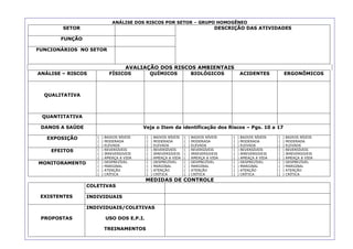 32
ANÁLISE DOS RISCOS POR SETOR – GRUPO HOMOGÊNEO
SETOR DESCRIÇÃO DAS ATIVIDADES
FUNÇÃO
FUNCIONÁRIOS NO SETOR
AVALIAÇÃO DOS RISCOS AMBIENTAIS
ANÁLISE – RISCOS FÍSICOS QUÍMICOS BIOLÓGICOS ACIDENTES ERGONÔMICOS
QUALITATIVA
QUANTITATIVA
DANOS A SAÚDE Veja o Item da identificação dos Riscos – Pgs. 10 a 17
EXPOSIÇÃO ( ) BAIXOS NÍVEIS
( ) MODERADA
( ) ELEVADA
( ) BAIXOS NÍVEIS
( ) MODERADA
( ) ELEVADA
( ) BAIXOS NÍVEIS
( ) MODERADA
( ) ELEVADA
( ) BAIXOS NÍVEIS
( ) MODERADA
( ) ELEVADA
( ) BAIXOS NÍVEIS
( ) MODERADA
( ) ELEVADA
EFEITOS ( ) REVERSÍVEIS
( ) IRREVERSIVEIS
( ) AMEAÇA A VIDA
( ) REVERSÍVEIS
( ) IRREVERSIVEIS
( ) AMEAÇA A VIDA
( ) REVERSÍVEIS
( ) IRREVERSIVEIS
( ) AMEAÇA A VIDA
( ) REVERSÍVEIS
( ) IRREVERSIVEIS
( ) AMEAÇA A VIDA
( ) REVERSÍVEIS
( ) IRREVERSIVEIS
( ) AMEAÇA A VIDA
MONITORAMENTO ( ) DESPREZÍVEL
( ) MARGINAL
( ) ATENÇÃO
( ) CRÍTICA
( ) DESPREZÍVEL
( ) MARGINAL
( ) ATENÇÃO
( ) CRÍTICA
( ) DESPREZÍVEL
( ) MARGINAL
( ) ATENÇÃO
( ) CRÍTICA
( ) DESPREZÍVEL
( ) MARGINAL
( ) ATENÇÃO
( ) CRÍTICA
( ) DESPREZÍVEL
( ) MARGINAL
( ) ATENÇÃO
( ) CRÍTICA
MEDIDAS DE CONTROLE
EXISTENTES
COLETIVAS
INDIVIDUAIS
PROPOSTAS
INDIVIDUAIS/COLETIVAS
USO DOS E.P.I.
TREINAMENTOS
 