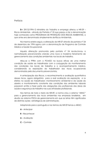 4
Prefácio
Em 29/12/1994 O Ministério do Trabalho e emprego alterou a NR-09 –
Riscos Ambientais - através da Portaria n° 25 que passou a ter a denominação
hoje conhecida como PROGRAMA DE PRVENÇÃO DOS RISCOS AMBIENTAIS, o
que antes era denominado simplesmente de Riscos Ambientais.
Na mesma esteira seguiu a alteração da NR-07 através da portaria n° 24
de dezembro de 1994 agora com a denominação de Programa de Controle
Médico e Saúde Ocupacional.
Aquela alteração promovida pela portaria n° 24 revolucionou a
normatização prevencionista criando uma nova e moderna ferramenta de
gerenciamento das condições ambientais nos locais de trabalho.
Aliou-se o PPRA com o PCMSO na busca eficaz de uma melhor
condição de saúde ao trabalhador com a conjugação do monitoramento
das condições nos locais de trabalho e o acompanhamento médico,
considerando as exposições do trabalhador aos riscos ocupacionais
demonstradas pelo documento prevencionista.
A antecipação dos Riscos, o reconhecimento e avaliação quantitativa
desses riscos, agora obrigatória para a real avaliação da exposição e os
efeitos na saúde do trabalhador; monitoramento ambiental e da saúde do
obreiro e monitoramento constante das condições dos ambientes laborais
passaram então a fazer parte das obrigações dos profissionais das áreas de
saúde e segurança do trabalho nas suas atividades profissionais.
Nos termos de todo o texto da NR-09, a norma criou o sistema “ARAC”
para o gerenciamento dos riscos ambientais nas empresas brasileiras, em
alusão ao sistema PDCA de gerenciamento em que as letras têm significados
de distintas ações estratégicas de administração.
Adaptando para o português e nos termos da NR-09 temos o ARAC:
A – Antecipar
R – Reconhecer
A – Avaliação
C – Controle
 