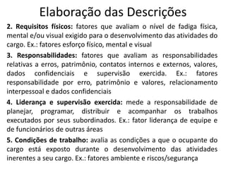 Elaboração das Descrições
2. Requisitos físicos: fatores que avaliam o nível de fadiga física,
mental e/ou visual exigido para o desenvolvimento das atividades do
cargo. Ex.: fatores esforço físico, mental e visual
3. Responsabilidades: fatores que avaliam as responsabilidades
relativas a erros, patrimônio, contatos internos e externos, valores,
dados confidenciais e supervisão exercida. Ex.: fatores
responsabilidade por erro, patrimônio e valores, relacionamento
interpessoal e dados confidenciais
4. Liderança e supervisão exercida: mede a responsabilidade de
planejar, programar, distribuir e acompanhar os trabalhos
executados por seus subordinados. Ex.: fator liderança de equipe e
de funcionários de outras áreas
5. Condições de trabalho: avalia as condições a que o ocupante do
cargo está exposto durante o desenvolvimento das atividades
inerentes a seu cargo. Ex.: fatores ambiente e riscos/segurança
 