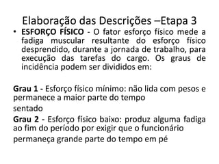 Elaboração das Descrições –Etapa 3
• ESFORÇO FÍSICO - O fator esforço físico mede a
fadiga muscular resultante do esforço físico
desprendido, durante a jornada de trabalho, para
execução das tarefas do cargo. Os graus de
incidência podem ser divididos em:
Grau 1 - Esforço físico mínimo: não lida com pesos e
permanece a maior parte do tempo
sentado
Grau 2 - Esforço físico baixo: produz alguma fadiga
ao fim do período por exigir que o funcionário
permaneça grande parte do tempo em pé
 