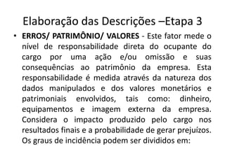 Elaboração das Descrições –Etapa 3
• ERROS/ PATRIMÔNIO/ VALORES - Este fator mede o
nível de responsabilidade direta do ocupante do
cargo por uma ação e/ou omissão e suas
consequências ao patrimônio da empresa. Esta
responsabilidade é medida através da natureza dos
dados manipulados e dos valores monetários e
patrimoniais envolvidos, tais como: dinheiro,
equipamentos e imagem externa da empresa.
Considera o impacto produzido pelo cargo nos
resultados finais e a probabilidade de gerar prejuízos.
Os graus de incidência podem ser divididos em:
 