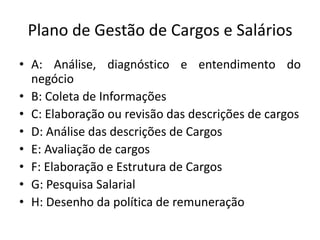 Plano de Gestão de Cargos e Salários
• A: Análise, diagnóstico e entendimento do
negócio
• B: Coleta de Informações
• C: Elaboração ou revisão das descrições de cargos
• D: Análise das descrições de Cargos
• E: Avaliação de cargos
• F: Elaboração e Estrutura de Cargos
• G: Pesquisa Salarial
• H: Desenho da política de remuneração
 