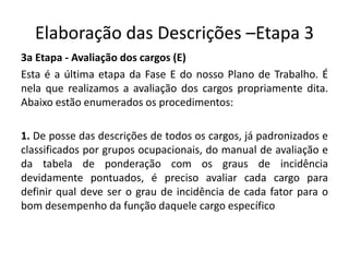 Elaboração das Descrições –Etapa 3
3a Etapa - Avaliação dos cargos (E)
Esta é a última etapa da Fase E do nosso Plano de Trabalho. É
nela que realizamos a avaliação dos cargos propriamente dita.
Abaixo estão enumerados os procedimentos:
1. De posse das descrições de todos os cargos, já padronizados e
classificados por grupos ocupacionais, do manual de avaliação e
da tabela de ponderação com os graus de incidência
devidamente pontuados, é preciso avaliar cada cargo para
definir qual deve ser o grau de incidência de cada fator para o
bom desempenho da função daquele cargo específico
 