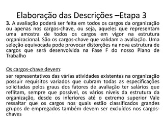 Elaboração das Descrições –Etapa 3
3. A avaliação poderá ser feita em todos os cargos da organização
ou apenas nos cargos-chave, ou seja, aqueles que representam
uma amostra de todos os cargos em vigor na estrutura
organizacional. São os cargos-chave que validam a avaliação. Uma
seleção equivocada pode provocar distorções na nova estrutura de
cargos que será desenvolvida na Fase F do nosso Plano de
Trabalho
Os cargos-chave devem:
ser representativos das várias atividades existentes na organização
possuir requisitos variados que cubram todas as especificações
solicitadas pelos graus dos fatores de avaliação ter salários que
reflitam, sempre que possível, os vários níveis da estrutura da
organização, desde os inferiores até o extremo superior Vale
ressaltar que os cargos nos quais estão classificados grandes
grupos de empregados também devem ser excluídos nos cargos-
chaves
 