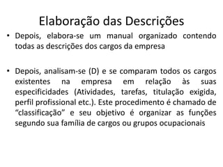 Elaboração das Descrições
• Depois, elabora-se um manual organizado contendo
todas as descrições dos cargos da empresa
• Depois, analisam-se (D) e se comparam todos os cargos
existentes na empresa em relação às suas
especificidades (Atividades, tarefas, titulação exigida,
perfil profissional etc.). Este procedimento é chamado de
“classificação” e seu objetivo é organizar as funções
segundo sua família de cargos ou grupos ocupacionais
 