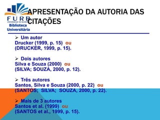 Biblioteca
Universitária
APRESENTAÇÃO DA AUTORIA DAS
CITAÇÕES
 Um autor
Drucker (1999, p. 15) ou
(DRUCKER, 1999, p. 15).
 Dois autores
Silva e Souza (2000) ou
(SILVA; SOUZA, 2000, p. 12).
 Três autores
Santos, Silva e Souza (2000, p. 22) ou
(SANTOS; SILVA; SOUZA, 2000, p. 22).
 Mais de 3 autores
Santos et al. (1999) ou
(SANTOS et al., 1999, p. 15).
 