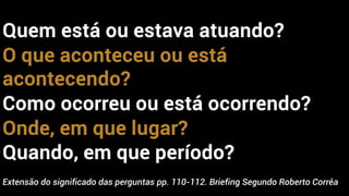 Quem está ou estava atuando?
O que aconteceu ou está
acontecendo?
Como ocorreu ou está ocorrendo?
Onde, em que lugar?
Quando, em que período?
Extensão do significado das perguntas pp. 110-112. Briefing Segundo Roberto Corrêa
 