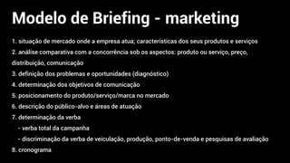 Modelo de Briefing - marketing
1. situação de mercado onde a empresa atua; características dos seus produtos e serviços
2. análise comparativa com a concorrência sob os aspectos: produto ou serviço, preço,
distribuição, comunicação
3. definição dos problemas e oportunidades (diagnóstico)
4. determinação dos objetivos de comunicação
5. posicionamento do produto/serviço/marca no mercado
6. descrição do público-alvo e áreas de atuação
7. determinação da verba
- verba total da campanha
- discriminação da verba de veiculação, produção, ponto-de-venda e pesquisas de avaliação
8. cronograma
 