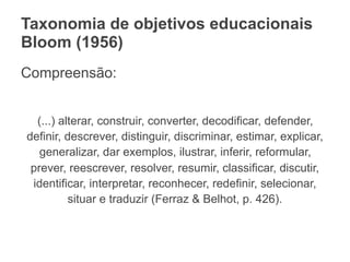 Taxonomia de objetivos educacionais
Bloom (1956)
Compreensão:
(...) alterar, construir, converter, decodificar, defender,
definir, descrever, distinguir, discriminar, estimar, explicar,
generalizar, dar exemplos, ilustrar, inferir, reformular,
prever, reescrever, resolver, resumir, classificar, discutir,
identificar, interpretar, reconhecer, redefinir, selecionar,
situar e traduzir (Ferraz & Belhot, p. 426).
 