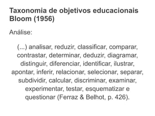 Taxonomia de objetivos educacionais
Bloom (1956)
Análise:
(...) analisar, reduzir, classificar, comparar,
contrastar, determinar, deduzir, diagramar,
distinguir, diferenciar, identificar, ilustrar,
apontar, inferir, relacionar, selecionar, separar,
subdividir, calcular, discriminar, examinar,
experimentar, testar, esquematizar e
questionar (Ferraz & Belhot, p. 426).
 