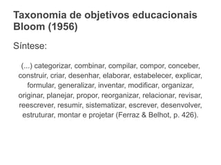 Taxonomia de objetivos educacionais
Bloom (1956)
Síntese:
(...) categorizar, combinar, compilar, compor, conceber,
construir, criar, desenhar, elaborar, estabelecer, explicar,
formular, generalizar, inventar, modificar, organizar,
originar, planejar, propor, reorganizar, relacionar, revisar,
reescrever, resumir, sistematizar, escrever, desenvolver,
estruturar, montar e projetar (Ferraz & Belhot, p. 426).
 