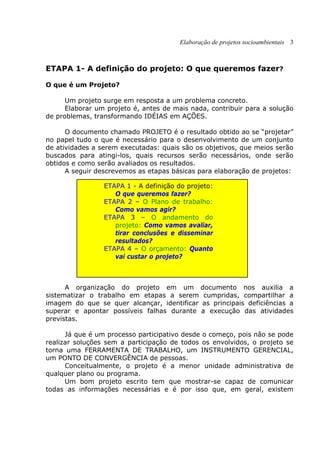 Elaboração de projetos socioambientais 3
ETAPA 1- A definição do projeto: O que queremos fazer?
O que é um Projeto?
Um projeto surge em resposta a um problema concreto.
Elaborar um projeto é, antes de mais nada, contribuir para a solução
de problemas, transformando IDÉIAS em AÇÕES.
O documento chamado PROJETO é o resultado obtido ao se “projetar”
no papel tudo o que é necessário para o desenvolvimento de um conjunto
de atividades a serem executadas: quais são os objetivos, que meios serão
buscados para atingi-los, quais recursos serão necessários, onde serão
obtidos e como serão avaliados os resultados.
A seguir descrevemos as etapas básicas para elaboração de projetos:
A organização do projeto em um documento nos auxilia a
sistematizar o trabalho em etapas a serem cumpridas, compartilhar a
imagem do que se quer alcançar, identificar as principais deficiências a
superar e apontar possíveis falhas durante a execução das atividades
previstas.
Já que é um processo participativo desde o começo, pois não se pode
realizar soluções sem a participação de todos os envolvidos, o projeto se
torna uma FERRAMENTA DE TRABALHO, um INSTRUMENTO GERENCIAL,
um PONTO DE CONVERGÊNCIA de pessoas.
Conceitualmente, o projeto é a menor unidade administrativa de
qualquer plano ou programa.
Um bom projeto escrito tem que mostrar-se capaz de comunicar
todas as informações necessárias e é por isso que, em geral, existem
ETAPA 1 - A definição do projeto:
O que queremos fazer?
ETAPA 2 – O Plano de trabalho:
Como vamos agir?
ETAPA 3 – O andamento do
projeto: Como vamos avaliar,
tirar conclusões e disseminar
resultados?
ETAPA 4 – O orçamento: Quanto
vai custar o projeto?
 