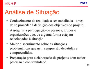 ZOPP e Quadro Lógico – Prof. Jackson De Toni
105
Análise de Situação
• Conhecimento da realidade a ser trabalhada - antes
de se proceder à definição dos objetivos do projeto.
• Assegurar a participação de pessoas, grupos e
organizações que, de alguma forma estejam
relacionados à situação.
• Maior discernimento sobre as situações
problemáticas que nem sempre são debatidas e
compreendidas.
• Preparação para a elaboração de projetos com maior
precisão e confiabilidade.
ZOPP
 