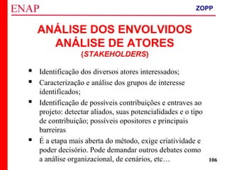 ZOPP e Quadro Lógico – Prof. Jackson De Toni
106
ANÁLISE DOS ENVOLVIDOS
ANÁLISE DE ATORES
(STAKEHOLDERS)
 Identificação dos diversos atores interessados;
 Caracterização e análise dos grupos de interesse
identificados;
 Identificação de possíveis contribuições e entraves ao
projeto: detectar aliados, suas potencialidades e o tipo
de contribuição; possíveis opositores e principais
barreiras
 É a etapa mais aberta do método, exige criatividade e
poder decisório. Pode demandar outros debates como
a análise organizacional, de cenários, etc…
ZOPP
 
