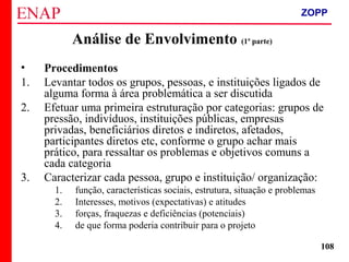ZOPP e Quadro Lógico – Prof. Jackson De Toni
108
Análise de Envolvimento (1ª parte)
• Procedimentos
1. Levantar todos os grupos, pessoas, e instituições ligados de
alguma forma à área problemática a ser discutida
2. Efetuar uma primeira estruturação por categorias: grupos de
pressão, indivíduos, instituições públicas, empresas
privadas, beneficiários diretos e indiretos, afetados,
participantes diretos etc, conforme o grupo achar mais
prático, para ressaltar os problemas e objetivos comuns a
cada categoria
3. Caracterizar cada pessoa, grupo e instituição/ organização:
1. função, características sociais, estrutura, situação e problemas
2. Interesses, motivos (expectativas) e atitudes
3. forças, fraquezas e deficiências (potenciais)
4. de que forma poderia contribuir para o projeto
ZOPP
 