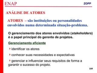 ZOPP e Quadro Lógico – Prof. Jackson De Toni
109
ANÁLISE DE ATORES
ATORES – são instituições ou personalidades
envolvidos numa determinada situação-problema.
O gerenciamento dos atores envolvidos (stakeholders)
é o papel principal do gerente de projetos.
Gerenciamento eficiente
identificar os atores
conhecer suas necessidades e expectativas
gerenciar e influenciar seus requisitos de forma a
garantir o sucesso do projeto.
ZOPP
 