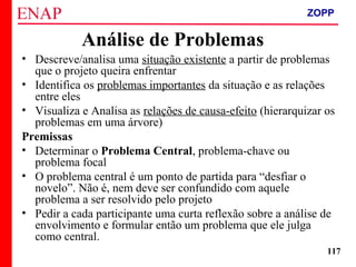 ZOPP e Quadro Lógico – Prof. Jackson De Toni
117
Análise de Problemas
• Descreve/analisa uma situação existente a partir de problemas
que o projeto queira enfrentar
• Identifica os problemas importantes da situação e as relações
entre eles
• Visualiza e Analisa as relações de causa-efeito (hierarquizar os
problemas em uma árvore)
Premissas
• Determinar o Problema Central, problema-chave ou
problema focal
• O problema central é um ponto de partida para “desfiar o
novelo”. Não é, nem deve ser confundido com aquele
problema a ser resolvido pelo projeto
• Pedir a cada participante uma curta reflexão sobre a análise de
envolvimento e formular então um problema que ele julga
como central.
ZOPP
 