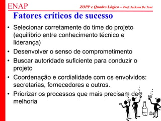 ZOPP e Quadro Lógico – Prof. Jackson De Toni
14
• Selecionar corretamente do time do projeto
(equilíbrio entre conhecimento técnico e
liderança)
• Desenvolver o senso de comprometimento
• Buscar autoridade suficiente para conduzir o
projeto
• Coordenação e cordialidade com os envolvidos:
secretarias, fornecedores e outros.
• Priorizar os processos que mais precisam de
melhoria
Fatores críticos de sucesso
 